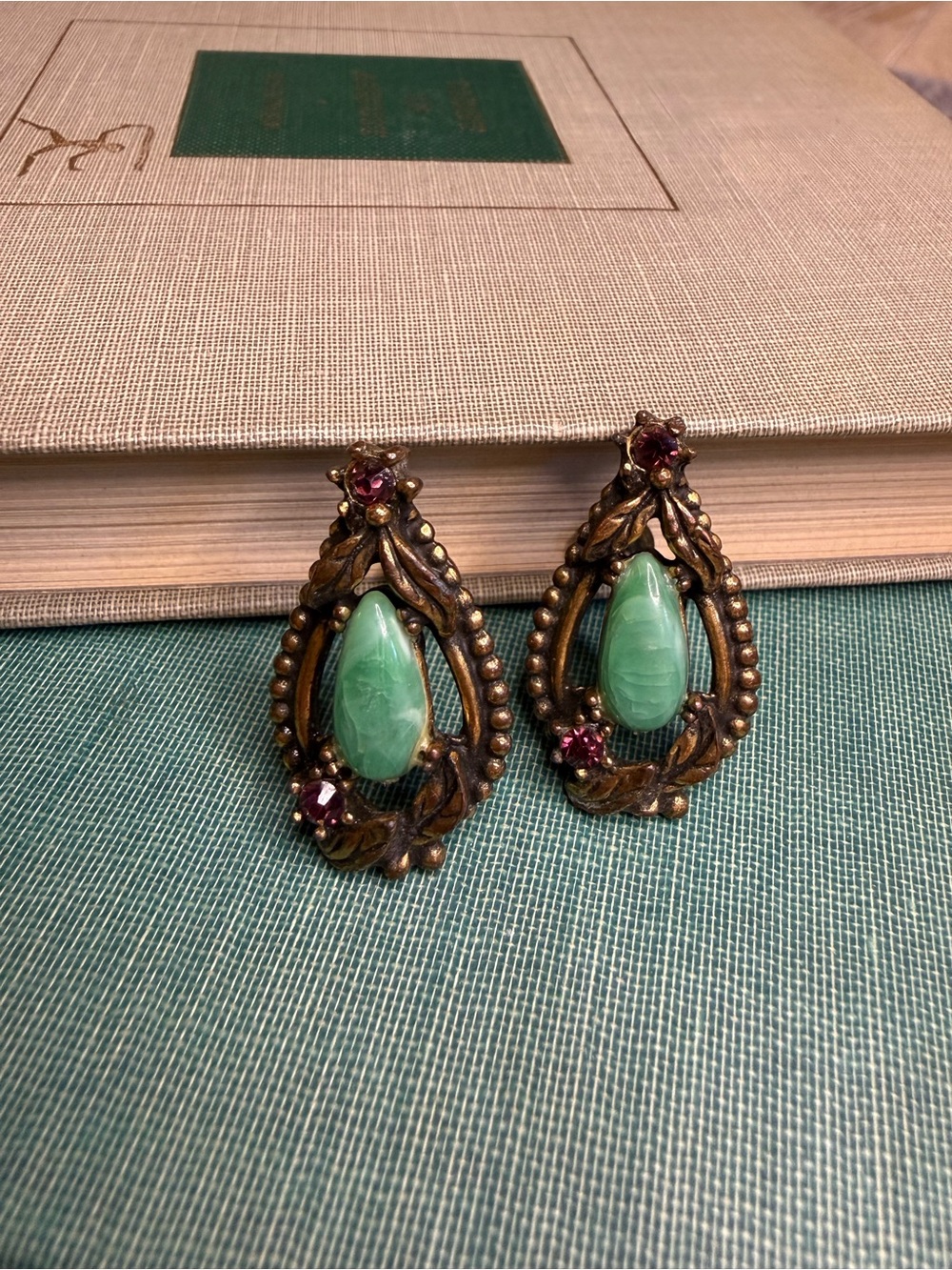 Vintage Screw Back Clip Earrings Jade Green and Purple‎ Stones in Brass w Patina